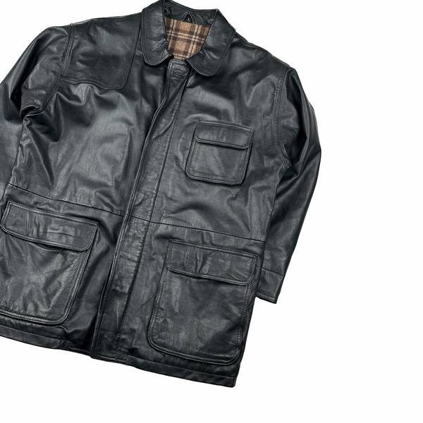 Ralph Lauren Black Wool Blend Lining Heavyweight Leather Jacket - Large