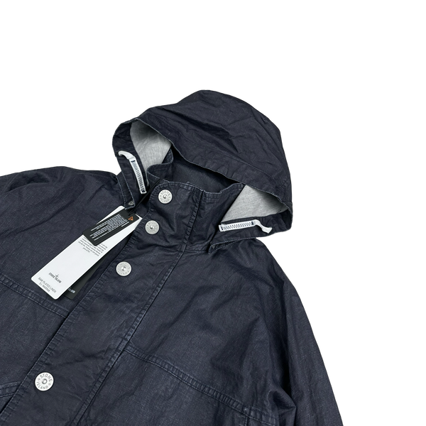 Stone Island 2024 Navy Raw Plated Linen Marina Spellout Zipped Jacket - Large