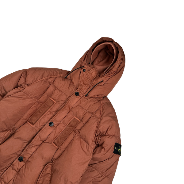 Stone Island 2019 Salmon Garment Dyed Crinkle Reps Long Puffer Jacket - Medium