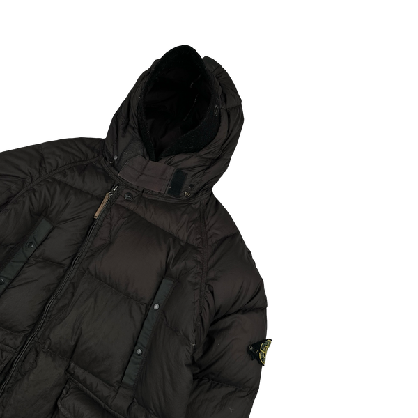 Stone Island 2005 Charcoal Vintage Mesh Badge Zip Opaque Nylon Tela Down Hood Jacket - Large