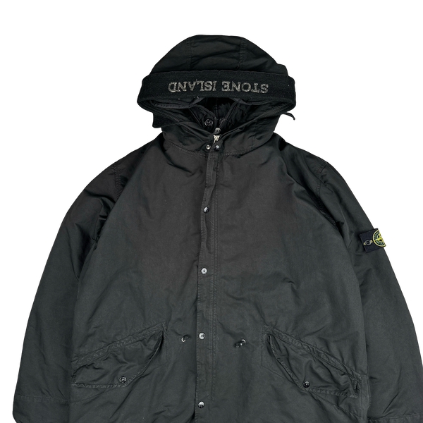 Stone Island 2007 Black David TC Dutch Liner Spellout Hood Long Parka Jacket - XXL