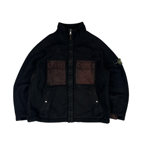 Stone Island 1999 Brown Fleece Lined Vintage Green Edged Zipped Jumper - Large