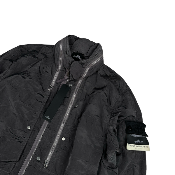 Stone Island 2020 Grey Striped Nylon Metal Long Jacket - Large