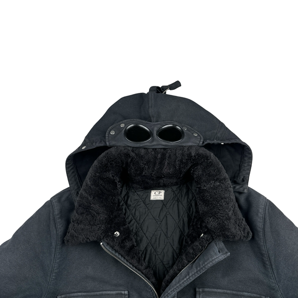 CP Company Black Mole Skin Sherling Collar Moleskin Multi Pocket Goggle Jacket - XL
