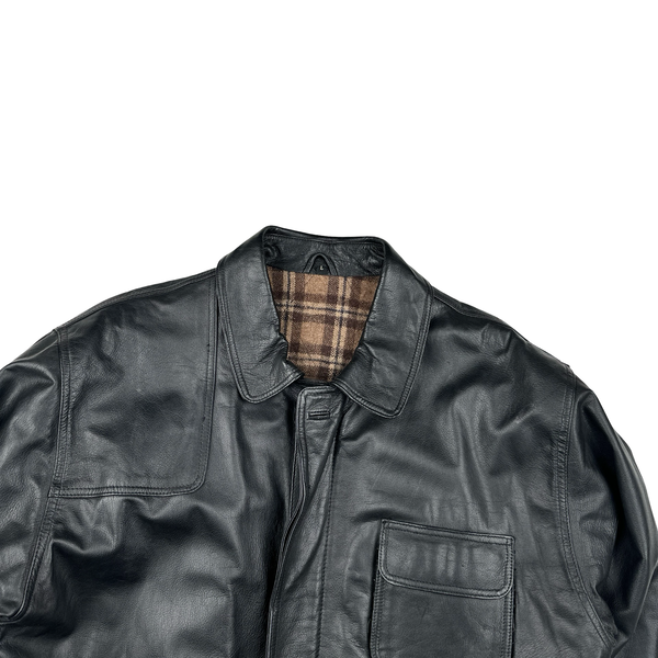Ralph Lauren Black Wool Blend Lining Heavyweight Leather Jacket - Large