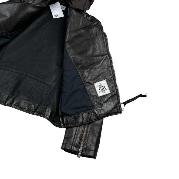 CP Company Dark Brown Heavyweight Leather Vintage Goggle Jacket - XS
