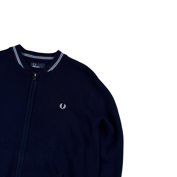 Fred Perry Navy Zipped Collared Knit Jumper - Large