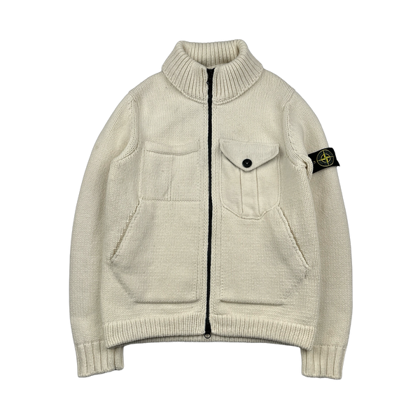 Stone Island 2021 Cream Wool Blend President Knit Zipped Jumper - Medium