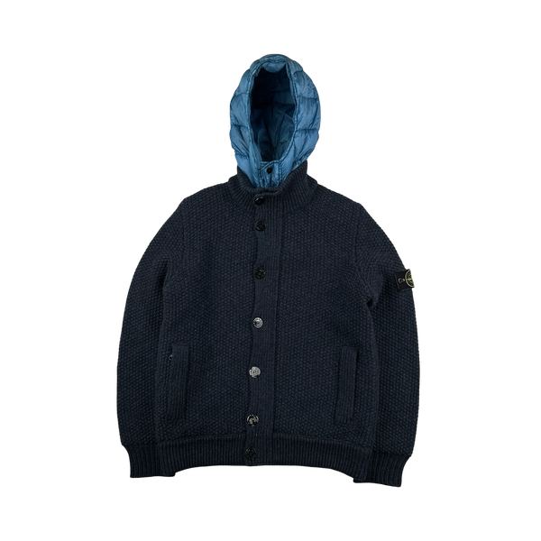 Stone Island 2013 Navy Wool Knit Garment Dyed Down Hood Jumper - XL