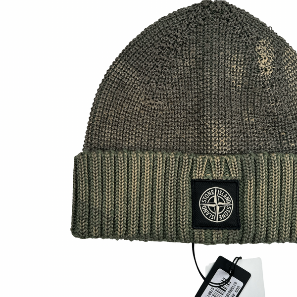 Stone Island 2017 Green Ice Knit Ribbed Wool Logo Beanie Hat
