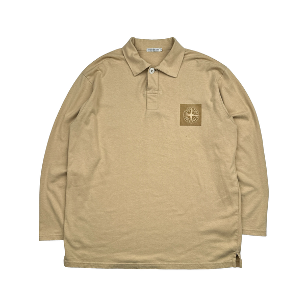 Stone Island Vintage 2001 Sand Spellout Cotton Longsleeve Polo - Large