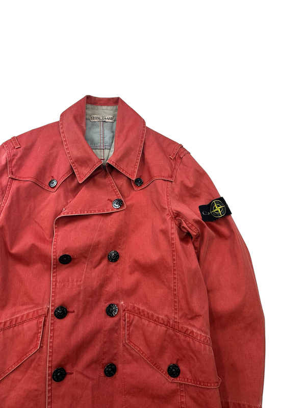 Stone Island 2010 Red Cotton Blend Trench Style Double Breasted Jacket - Medium
