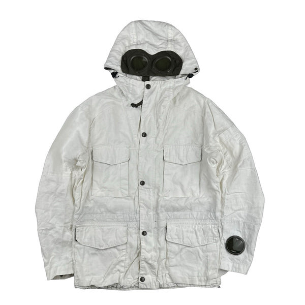 CP Company White Plated Linen La Mille Goggle Jacket - Small