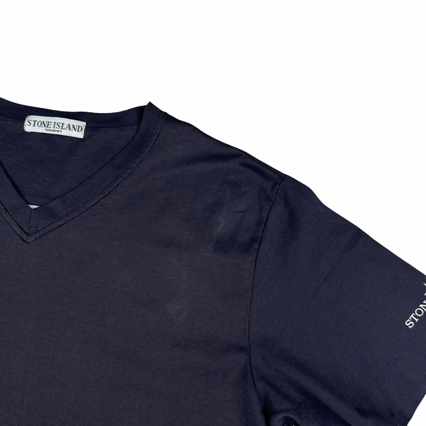 Stone Island 2008 Navy Cotton V Neck Spellout T Shirt - Large