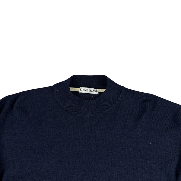 Stone Island 1986 Navy Knitted Wool Blend Spellout Vintage Pullover - Medium