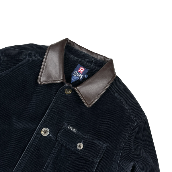 Ralph Lauren Chaps 90's Navy Corduroy Flannel Lined Leather Collar Jacket - Medium