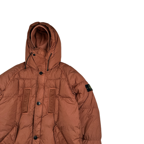 Stone Island 2019 Salmon Garment Dyed Crinkle Reps Long Puffer Jacket - Medium
