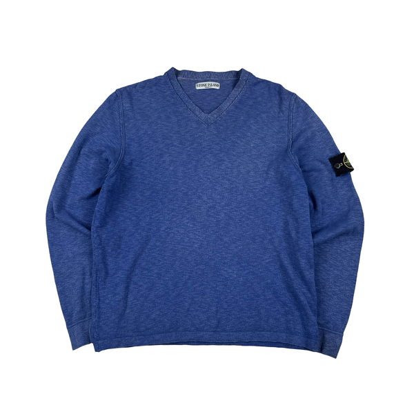Stone Island 2006 Blue V Neck Knitted Crewneck Jumper - Large