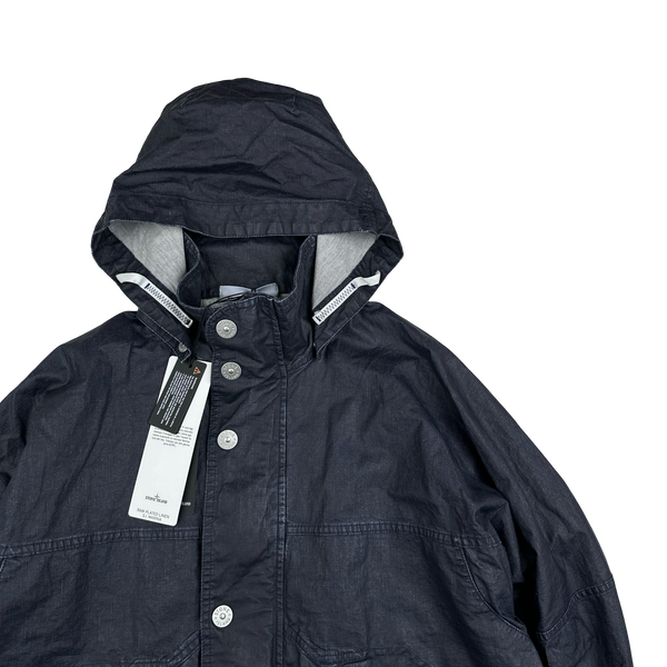Stone Island 2024 Navy Raw Plated Linen Marina Spellout Zipped Jacket - Large