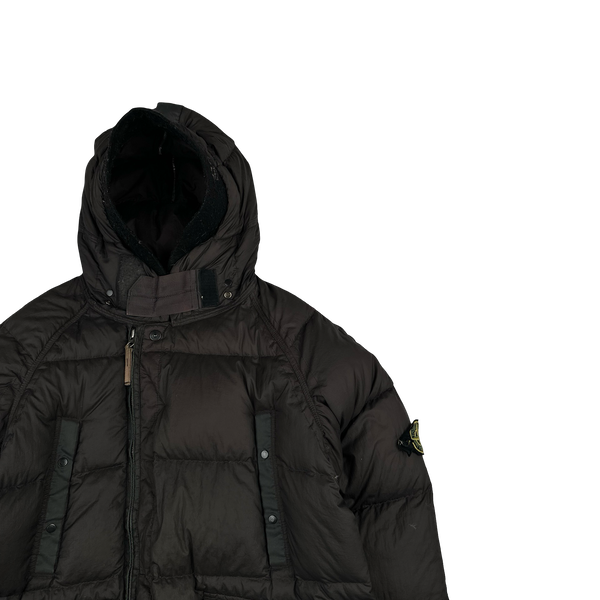 Stone Island 2005 Charcoal Vintage Mesh Badge Zip Opaque Nylon Tela Down Hood Jacket - Large