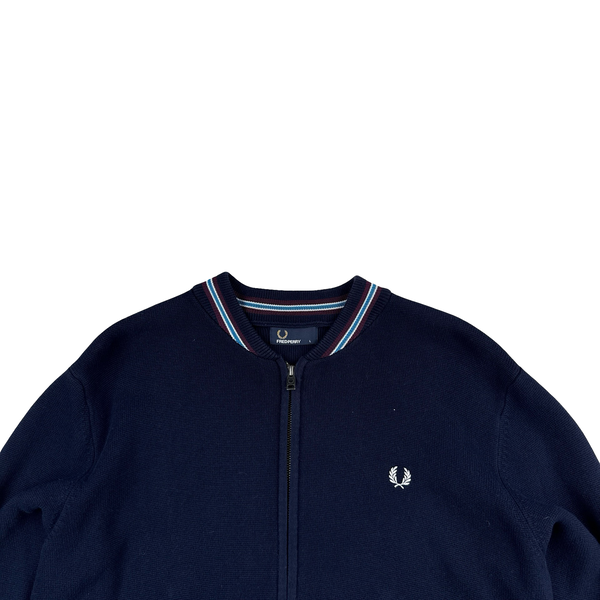 Fred Perry Navy Zipped Collared Knit Jumper - Large