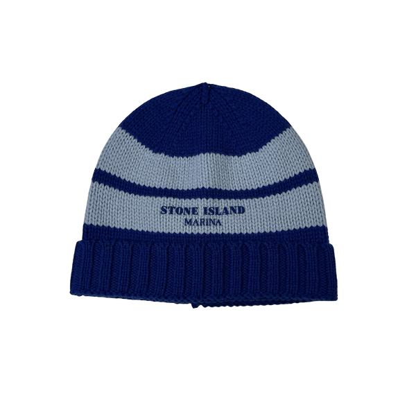 Stone Island 2025 Marina Blue Striped Pure Wool Spellout Beanie