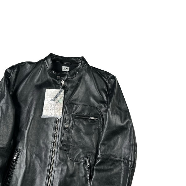 CP Company 2007 Black Zipped Vintage Real Leather Jacket - XXL
