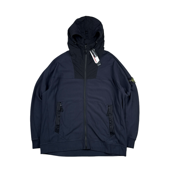 Stone Island 2024 Navy Nylon Hood Zipped Cotton Jumper - 3XL