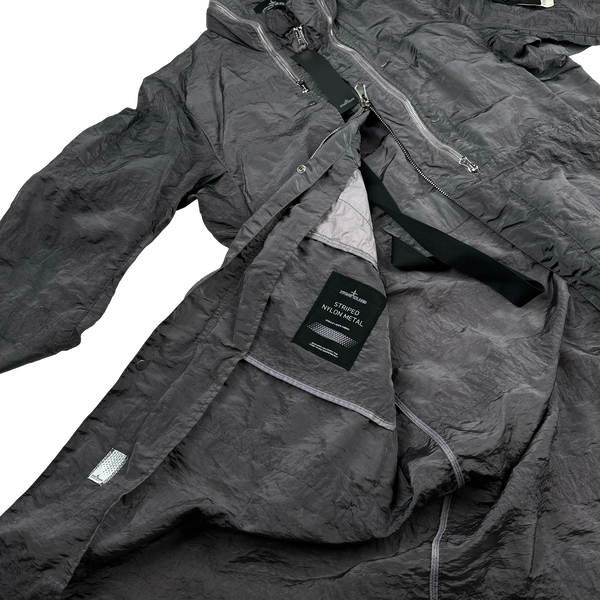 Stone Island 2020 Grey Striped Nylon Metal Long Jacket - Large