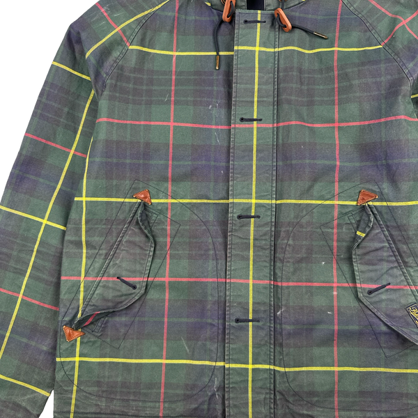 Ralph Lauren Green Tartan Waxed Cotton Hooded Jacket - Small