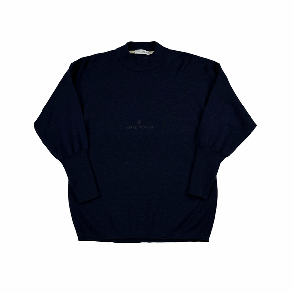 Stone Island 1986 Navy Knitted Wool Blend Spellout Vintage Pullover - Medium