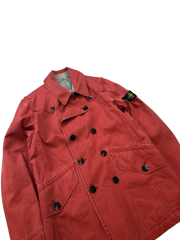 Stone Island 2010 Red Cotton Blend Trench Style Double Breasted Jacket - Medium