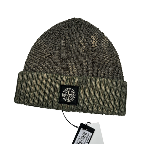 Stone Island 2017 Green Ice Knit Ribbed Wool Logo Beanie Hat