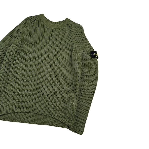 Stone Island 2022 Green Thick Woven Knit Crewneck Jumper - Large