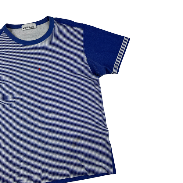 Stone Island 2019 Blue Striped Marina Spellout T Shirt - Medium