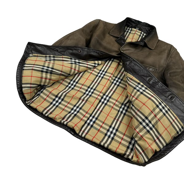 Burberry Leather Nova Check Lined Collared Jacket - Medium