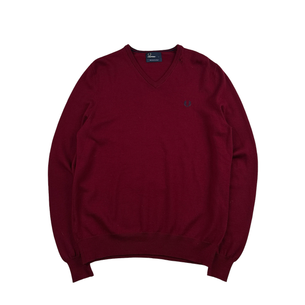Fred Perry Red Wool V Neck Knit - Large