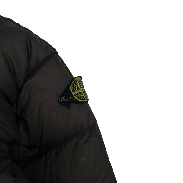 Stone Island 2005 Charcoal Vintage Mesh Badge Zip Opaque Nylon Tela Down Hood Jacket - Large