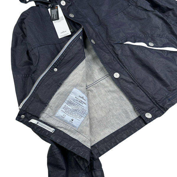 Stone Island 2024 Navy Raw Plated Linen Marina Spellout Zipped Jacket - Large