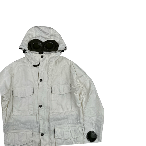 CP Company White Plated Linen La Mille Goggle Jacket - Small