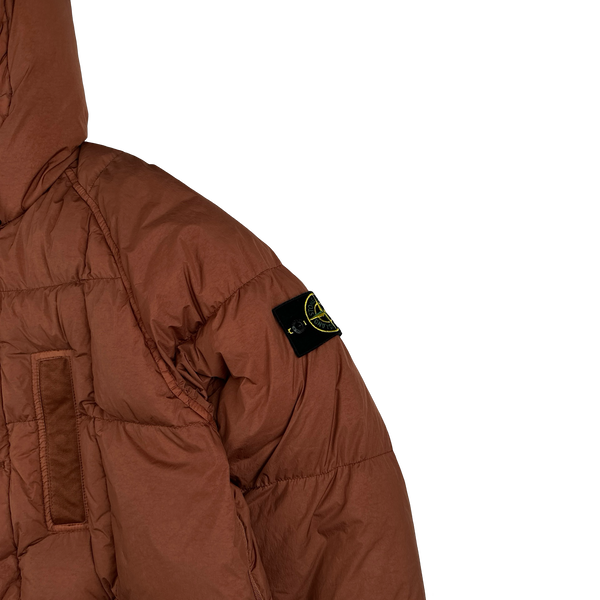 Stone Island 2019 Salmon Garment Dyed Crinkle Reps Long Puffer Jacket - Medium