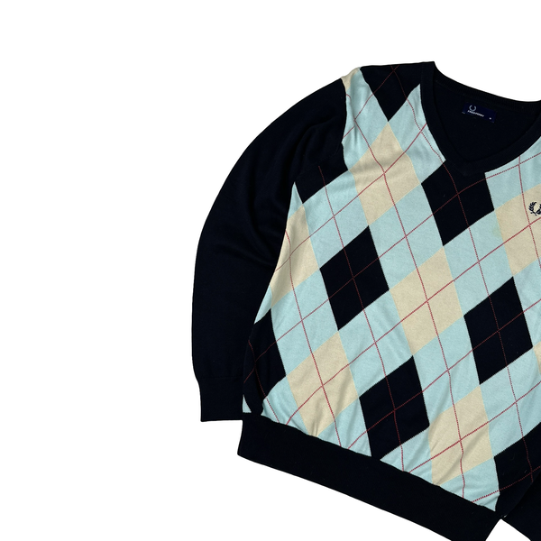 Fred Perry Baby Blue Dimond Details Zipped V Neck Knit - Medium