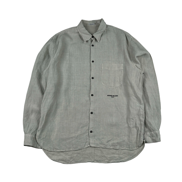 Stone Island 2005 Grey Lino Flax Spellout Collar Buttoned Shirt - XXL