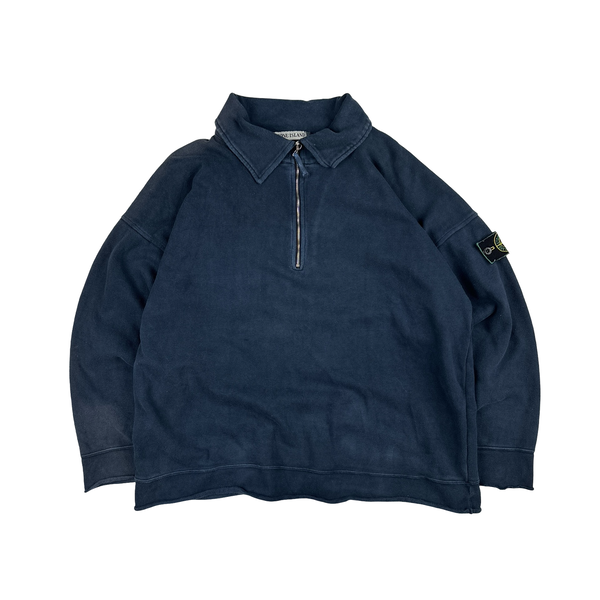 Stone Island 1991 Vintage Navy Quarter Zipped Cotton Pullover - Large