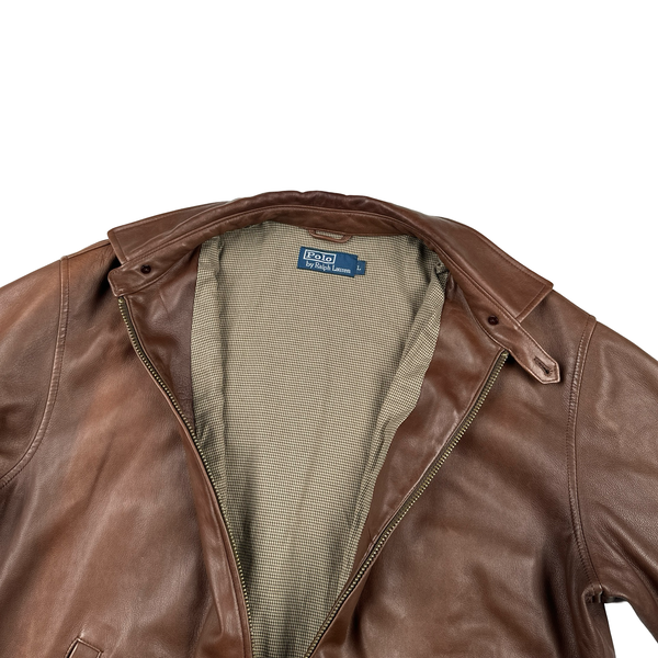 Ralph Lauren Brown Collared Lambskin Leather Jacket - Large