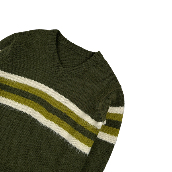 Prada Green Striped 100% Alpaca Wool V-Neck Jumper - XL