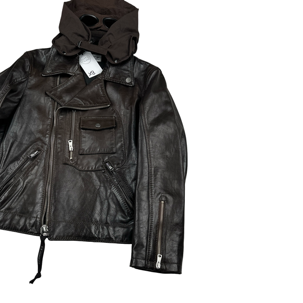 CP Company Dark Brown Heavyweight Leather Vintage Goggle Jacket - XS