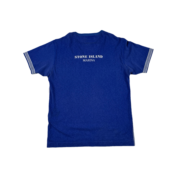 Stone Island 2019 Blue Striped Marina Spellout T Shirt - Medium