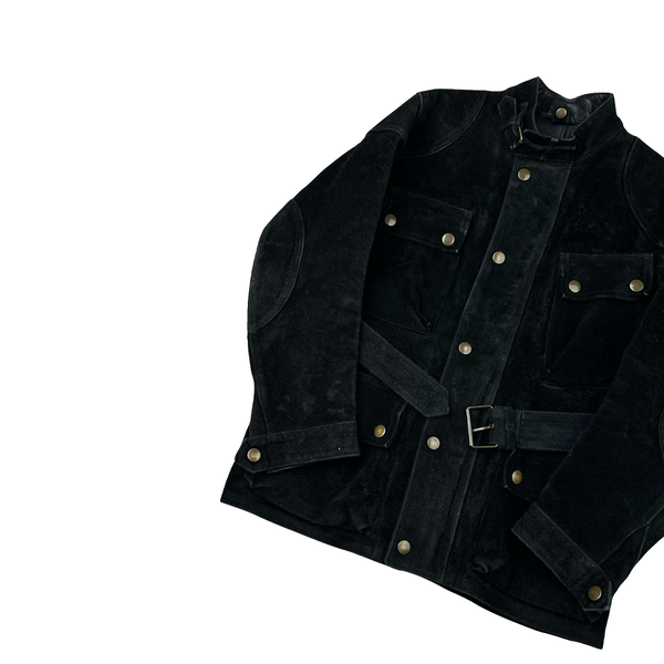 Belstaff Black Multi Pocket Field Suede Leather Zipped Heavyweight Jacket - Small