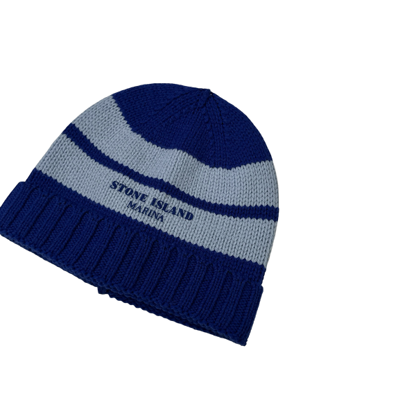 Stone Island 2025 Marina Blue Striped Pure Wool Spellout Beanie